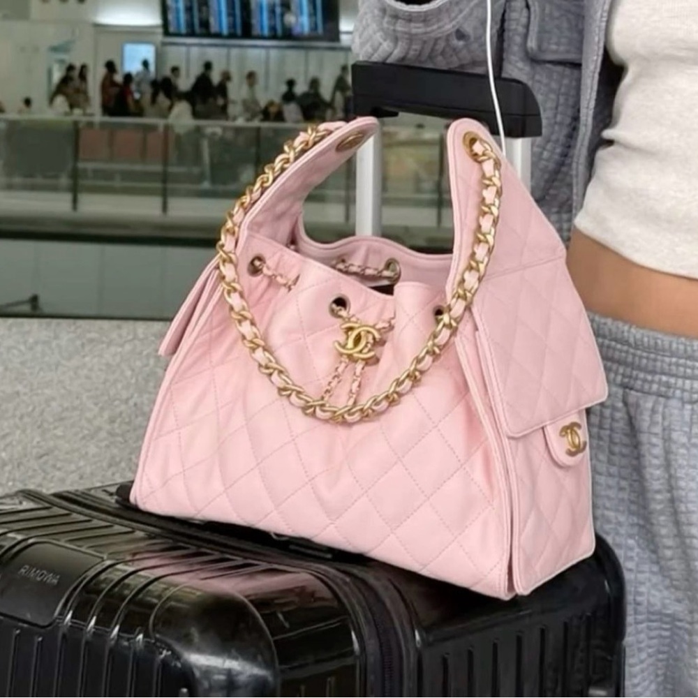 Light Pink Quilted Satchel with Gold Chain